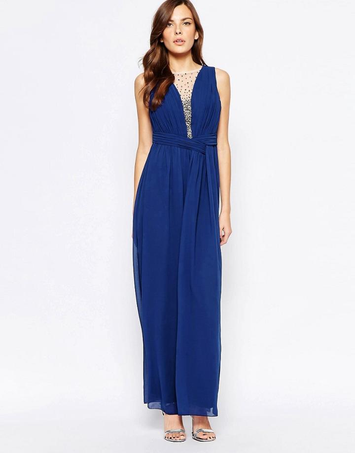 Little Mistress Maxi Dress With Embellished Plunge Detail - Blue