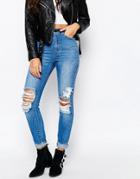Missguided Riot High Rise Ripped Knee Skinny Jean - Stonewash Blue