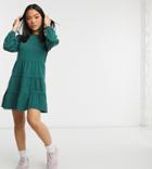 Asos Design Petite Smock Mini Dress With Tiered Hem With Long Sleeves In Forest Green