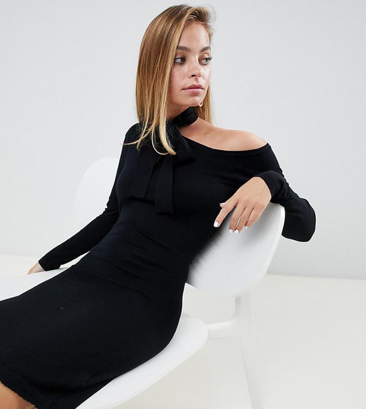 Lost Ink Petite Bodycon Sweater Dress With Tie Neck And Exposed Shoulder In Ribbed Knit - Black