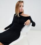 Lost Ink Petite Bodycon Sweater Dress With Tie Neck And Exposed Shoulder In Ribbed Knit - Black
