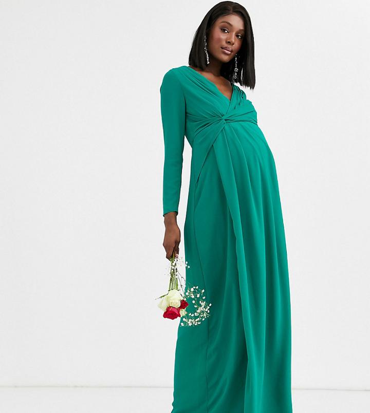 Tfnc Maternity Bridesmaid Twist Knot Wrap Maxi Dress In Emerald Green
