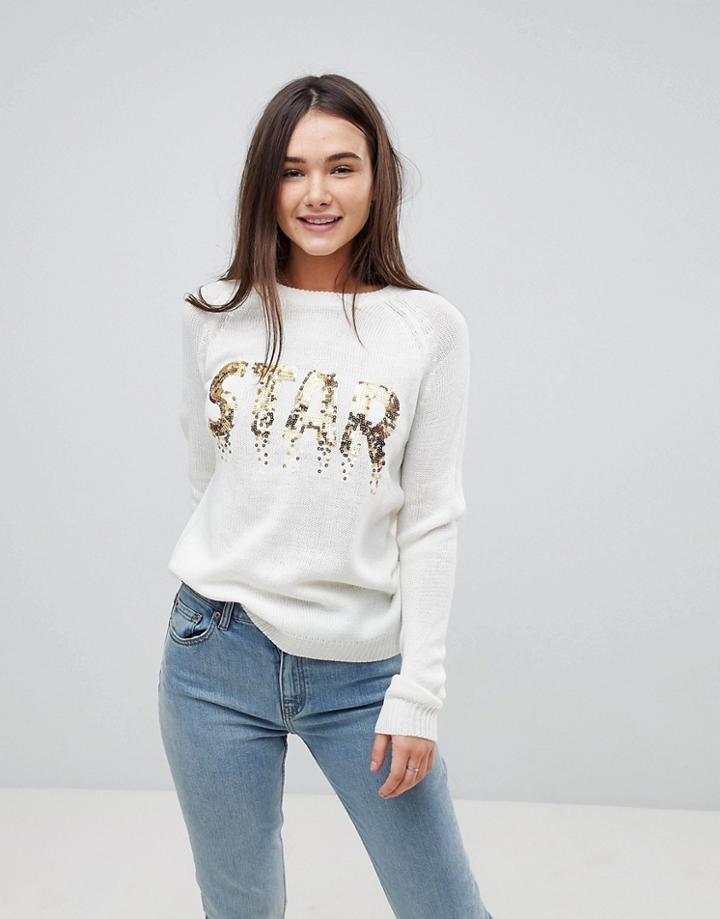 Brave Soul Sequin Star Holidays Sweater - Cream