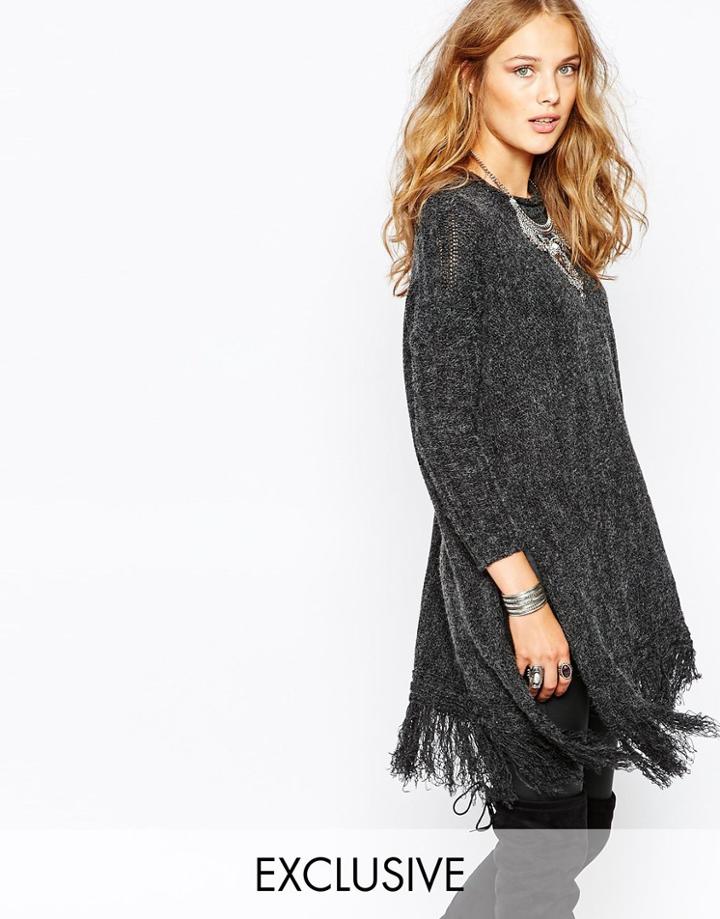 Stitch & Pieces Knit Sweater With Tassel Hem - Charcoal