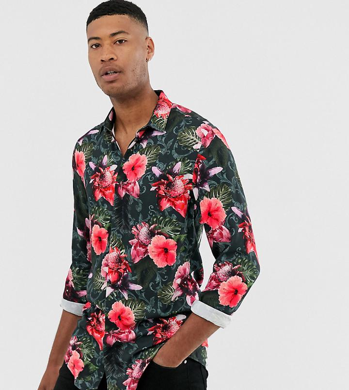 Twisted Tailor Super Skinny Fit Shirt In Tropical Floral Print-black
