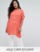 Asos Curve Tunic With Gathered Sleeve & Contrast Tie - Orange