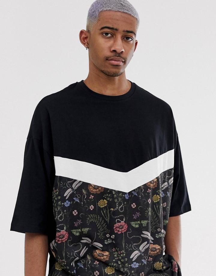 Asos Design Oversized T-shirt With Half Sleeve And Floral Chevron Panel-black