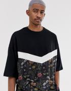 Asos Design Oversized T-shirt With Half Sleeve And Floral Chevron Panel-black