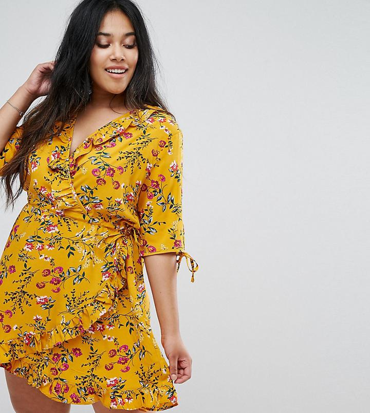 Influence Plus Floral Wrap Dress With Tie Sleeve And Ruffle - Yellow