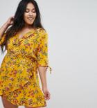 Influence Plus Floral Wrap Dress With Tie Sleeve And Ruffle - Yellow