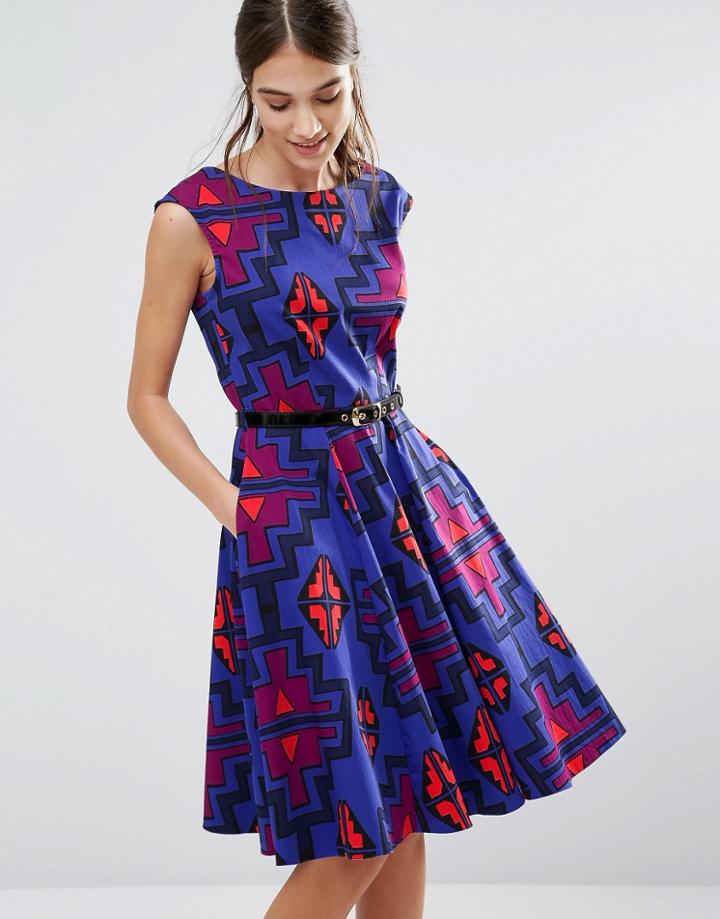 Closet Geometric Belted Flared Dress - Multi
