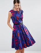 Closet Geometric Belted Flared Dress - Multi