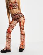 Bershka Exposed Seam Patterened Flare Pants With Thong Detail In Orange