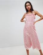 Lost Ink Jumpsuit With Frill Hem In Pastel Print - Multi