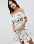 Asos Design Off Shoulder Sundress With Tiered Skirt In Lemon Print - Multi
