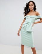 Asos Design Bardot Fold Wrap Front Midi Dress - Green