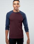 Asos Muscle Long Sleeve T-shirt With Contrast Raglan In Oxblood And Navy - Multi