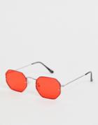 Asos Design Metal Angled Sunglasses In Silver With Red Laid On Lens - Silver