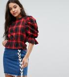 Missguided Exclusive Plaid Exaggerated Sleeve Top - Red