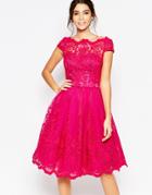 Chi Chi London Premium Lace Midi Prom Dress With Bardot Neck - Fuschia Pink