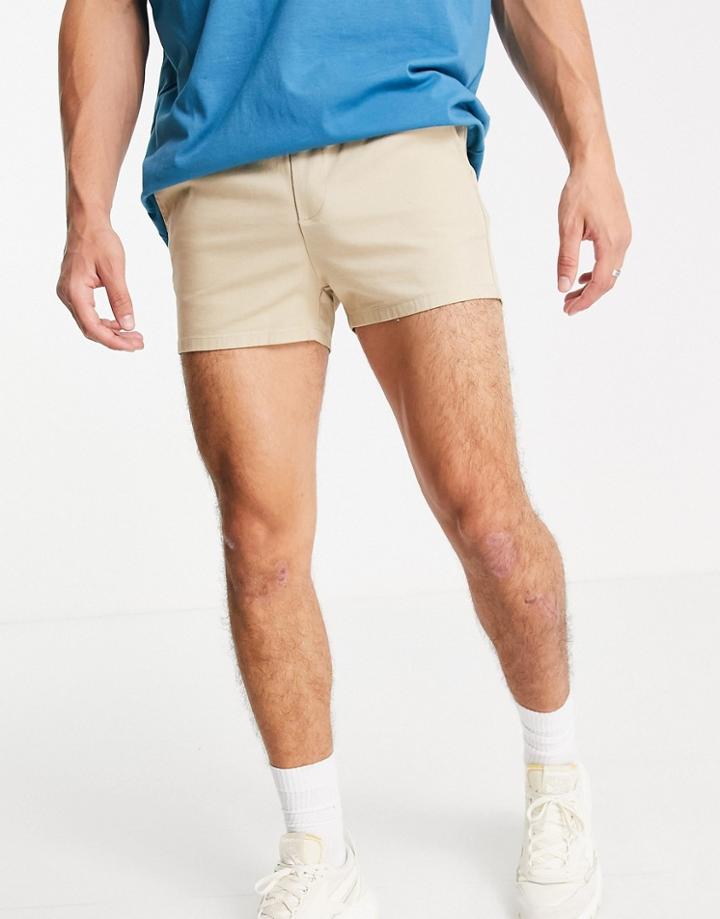 Asos Design Chino Shorter Shorts In Slim Fit With Elasticated Waist In Beige-neutral