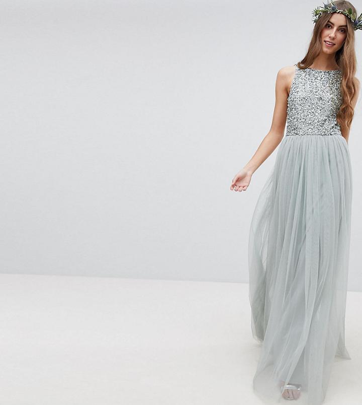 Maya Tall Sleeveless Sequin Bodice Tulle Detail Maxi Bridesmaid Dress With Cutout Back - Green
