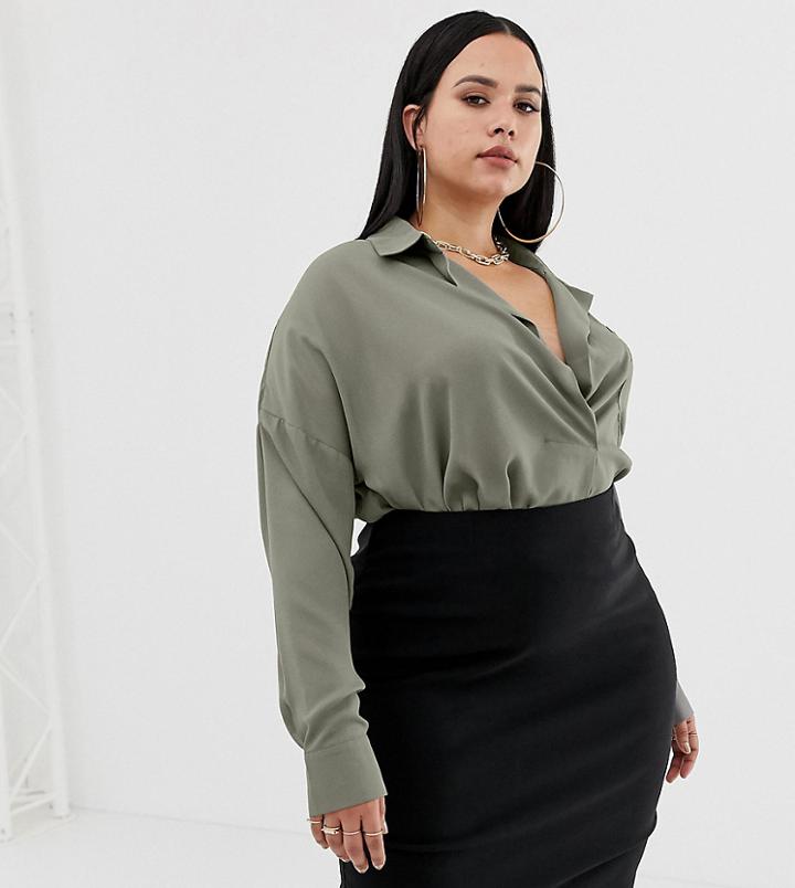 Missguided Plus Exclusive Plus Pocket Detail Shirt In Khaki - Gray