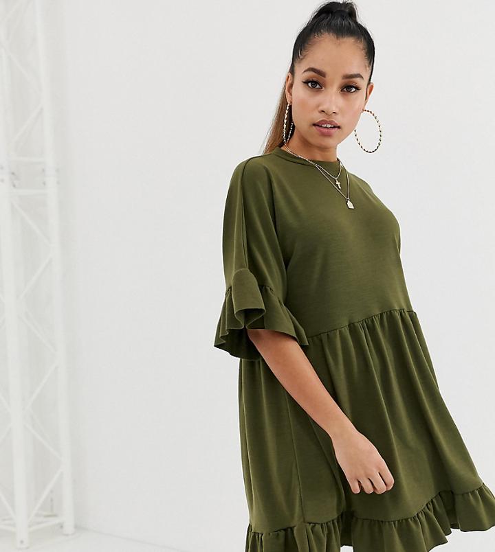 Asos Design Petite Mini Frill Sleeve Smock Dress In Sweat-green