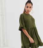 Asos Design Petite Mini Frill Sleeve Smock Dress In Sweat-green