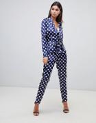 Boohoo Satin Tapered Pants In Navy Polka Dot - Blue