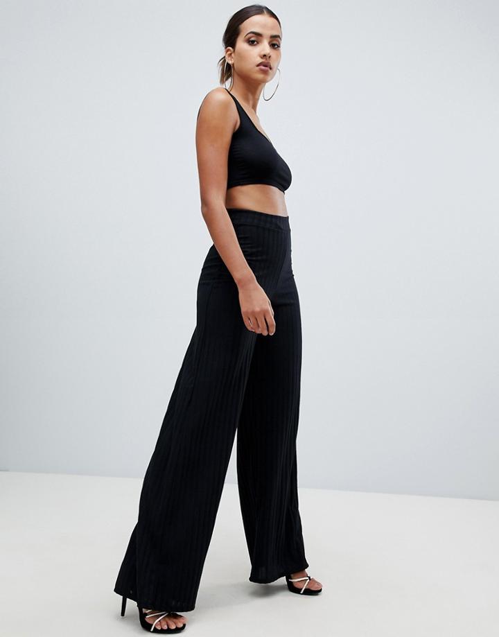 Missguided Ribbed Wide Leg Trousers In Black - Black