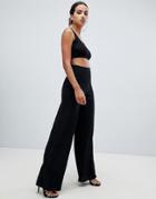 Missguided Ribbed Wide Leg Trousers In Black - Black