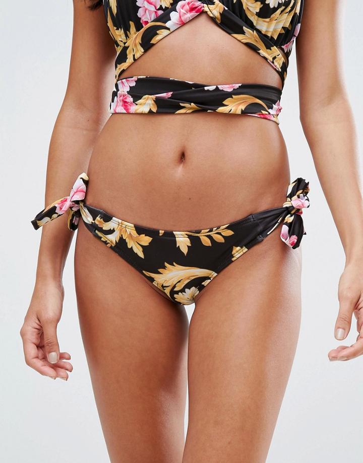 Asos Glam Rose Baroque Print Tie Side Bikini Bottom - Black