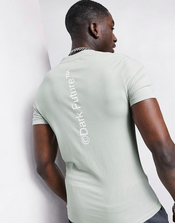 Asos Dark Future T-shirt In Gray With Vertical Back Logo Print-grey