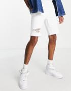 Asos Design Stretch Slim Denim Shorts With Raw Hem And Rip In White