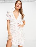 Asos Design Eyelet Frill Ruched Mini Dress In Textured Rose Floral Print-multi
