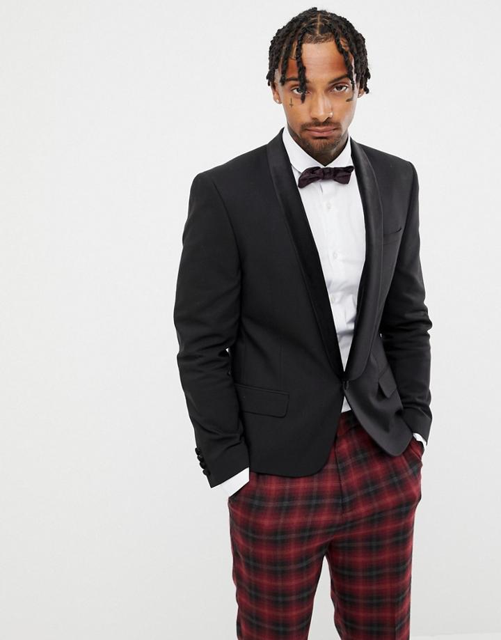 Asos Design Skinny Cropped Blazer In Black With Velvet Shawl - Black