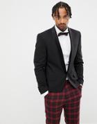 Asos Design Skinny Cropped Blazer In Black With Velvet Shawl - Black