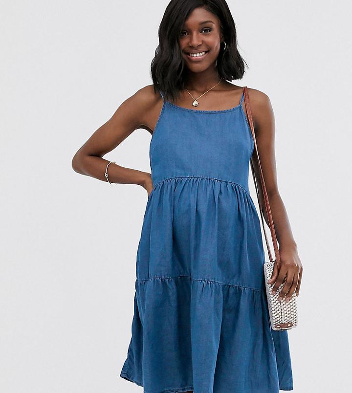 New Look Maternity Tiered Dress In Denim Blue - Blue