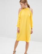 Liquorish Cold Shoulder Oversized Midi Dress - Yellow