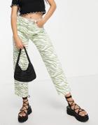 Bershka Straight Leg Zebra Print Pant In Green