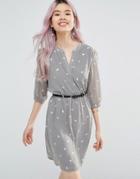 Yumi Belted Dress With 3/4 Sleeve In Bird Foil Print - Gray