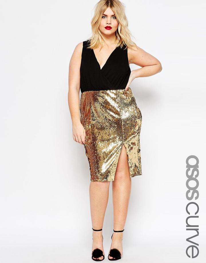 Asos Curve Sequin Skirt Midi Dress With Crop Top - Black