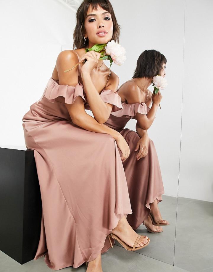 Asos Edition Satin Ruffle Cold Shoulder Maxi Dress In Cinnamon Rose-copper