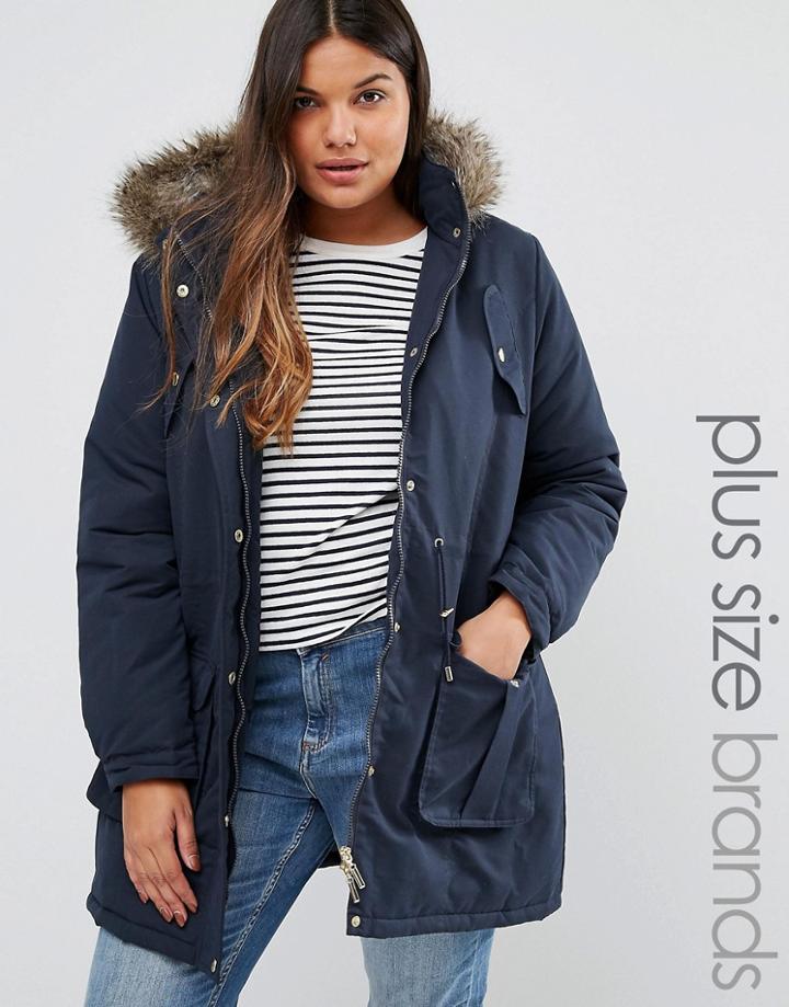Brave Soul Plus Parka With Faux Fur Trim - Navy