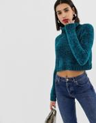 Asos Design Crop Sweater With High Neck In Chenille - Green