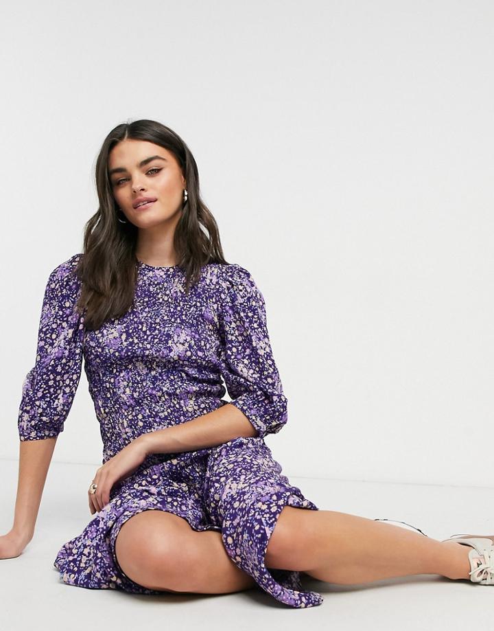 Y.a.s Midi Dress With Shirred Detail And Puff Sleeve In Floral Print-multi