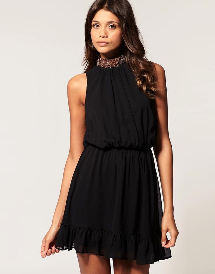 Asos Chiffon Dress With Sequin Neck - Black
