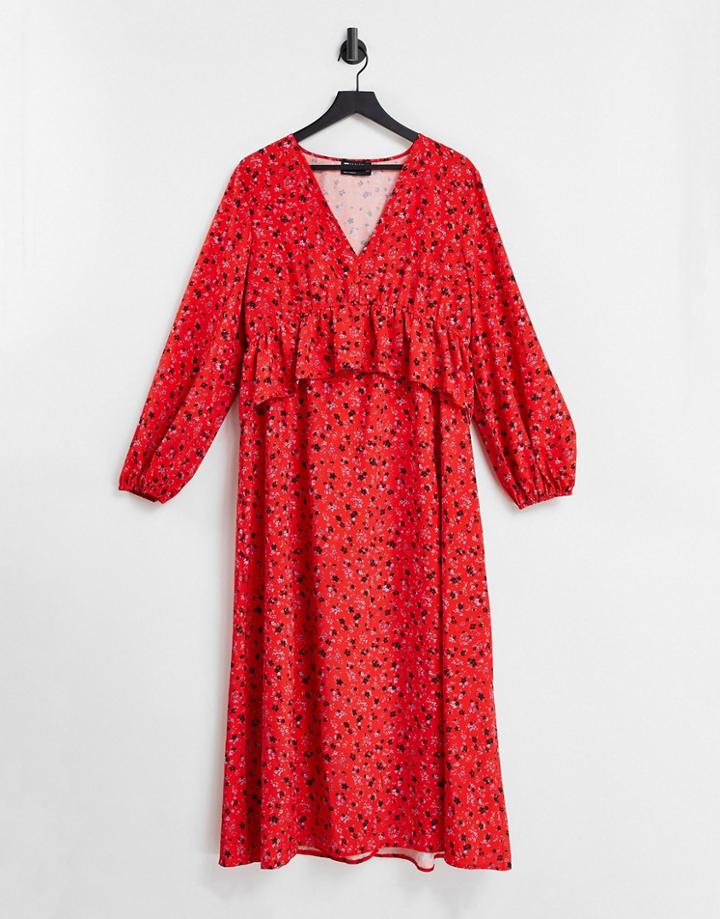 Asos Design Ruffle Front Midi Dress With Slits In Red Ditsy Floral-multi