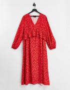 Asos Design Ruffle Front Midi Dress With Slits In Red Ditsy Floral-multi